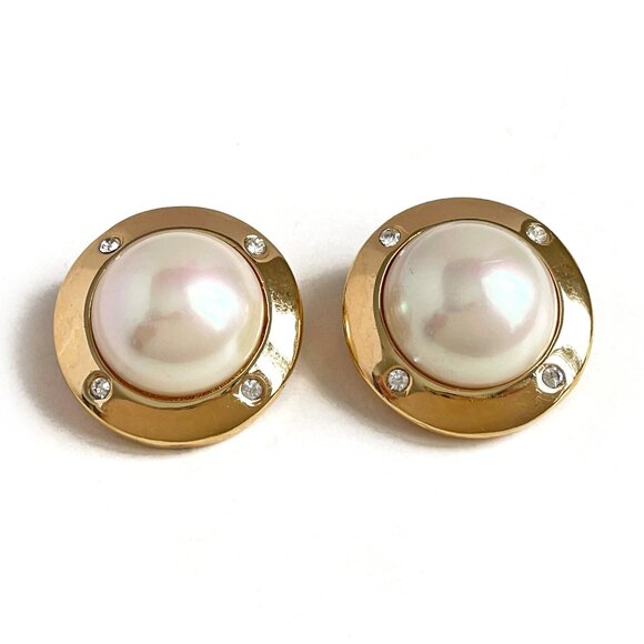 CHRISTIAN DIOR Vintage 80s 90s Gold Tone & Faux Pearl Statement Clip-On Earrings - Picture 2 of 6